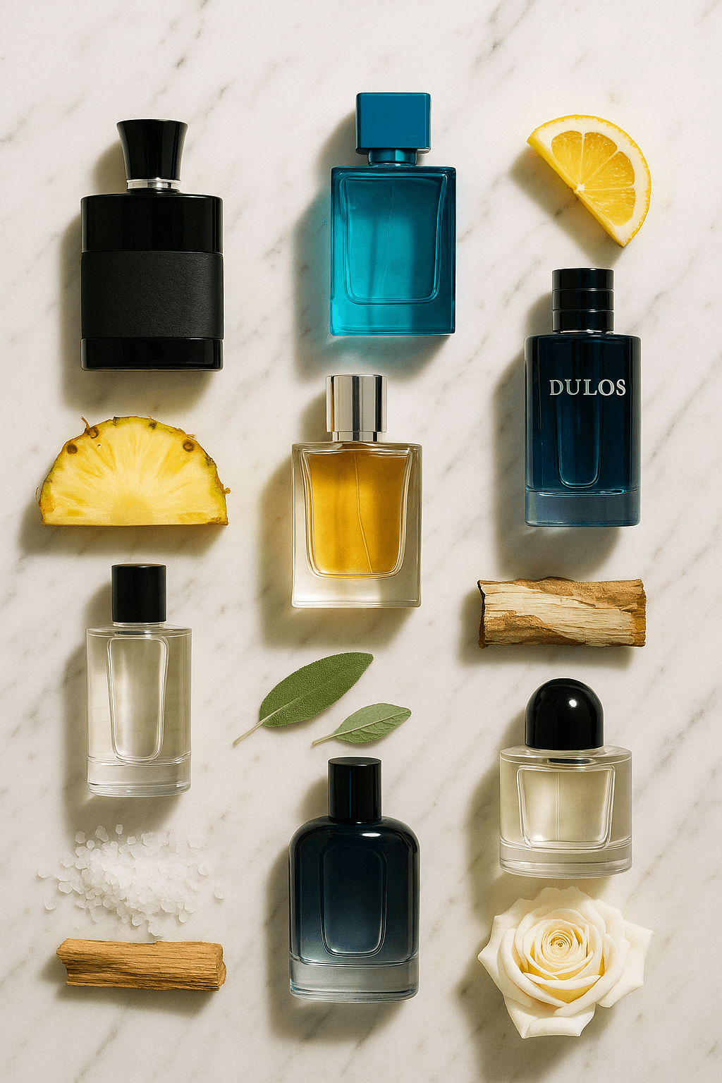 화이트 대리석 위에 파인애플, 레몬, 백단향 조각 등 원료 소품과 함께 배열된 7가지 남성 향수 병 플랫레이