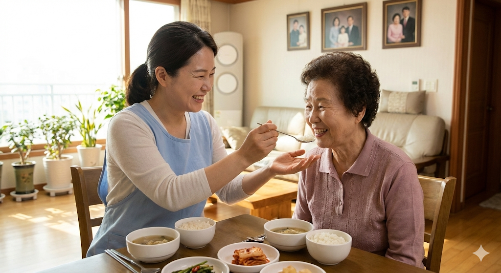 집에서 요양보호사의 도움을 받으며 웃고 있는 할머니
