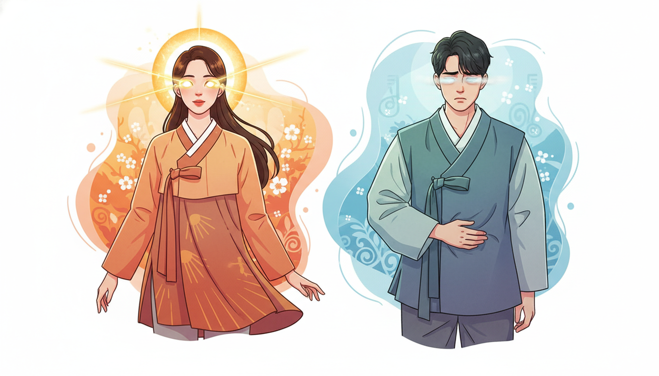 두 가지 체질(열성 체질, 한성 체질)을 대조적으로 보여주는 삽화: 결명자차 섭취 전 체질 파악의 중요성.