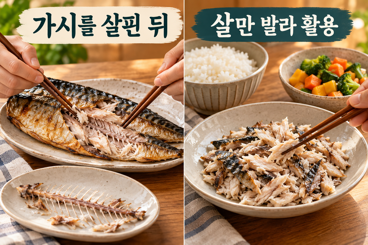 익힌 고등어의 가시를 살핀 뒤 발라낸 살을 따로 덜어 밥에 활용하는 장면.