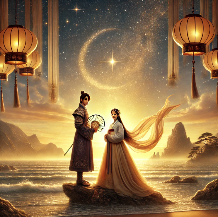 빛나는 바위 위의 전설 속 부부