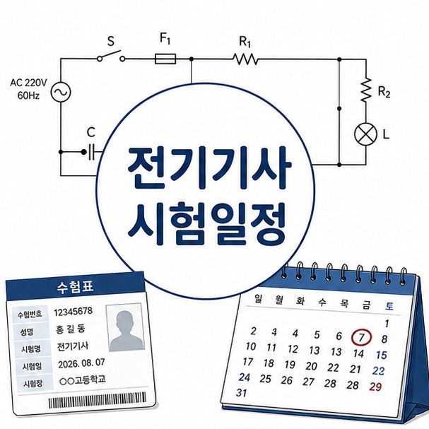 전기 회로 도면과 수험표, 달력을 이용해 2026년 전기기사 시험일정을 소개하는 그림