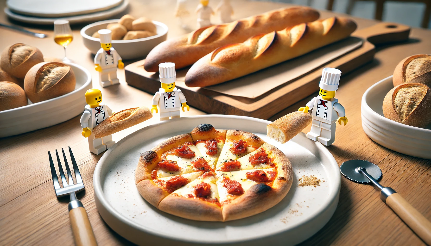 "르방(천연 발효종)으로 만든 바게트와 피자 도우가 나무 도마 위에 놓여 있으며, 미니어처 셰프들이 정리하는 모습"