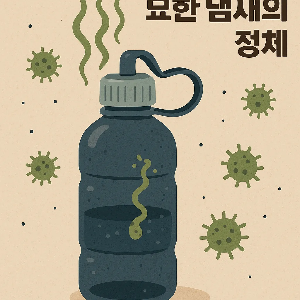 오래된-물병에서-나는-묘한-냄새의-원인을-표현한-일러스트로-물병에서-올라오는-냄새-선과-세균이-강조됨
