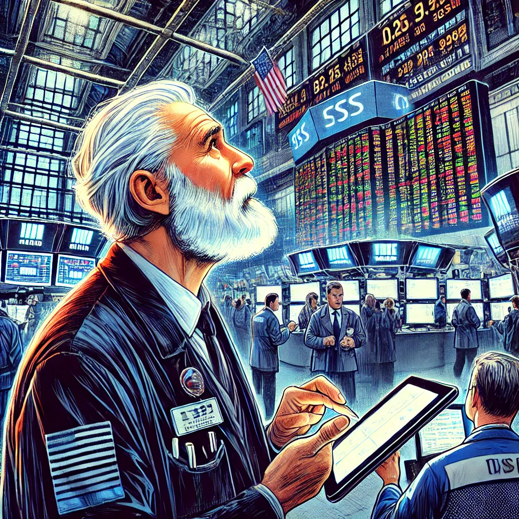 주식시장 전광판을 바라보는 백발의 남성 트레이더 일러스트