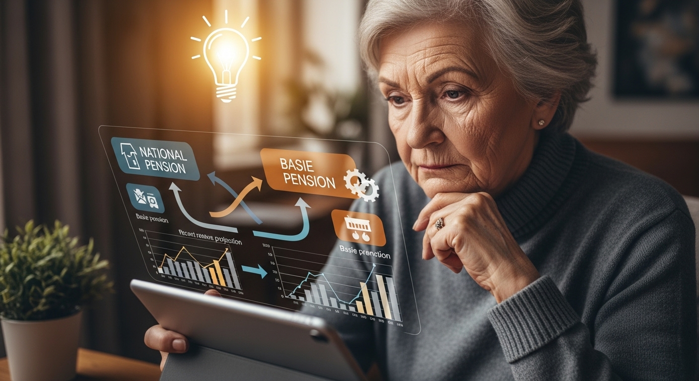 노령연금과 기초연금을 함께 고려하여 개인의 노후 소득을 전략적으로 설계하는 노인의 모습, 태블릿 화면에는 복잡한 연금 시뮬레이션이 보인다.