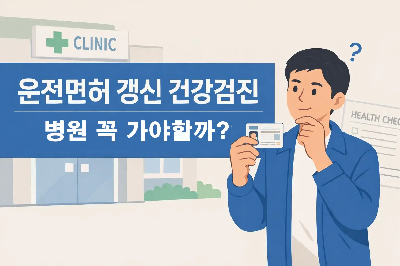 운전면허 갱신 건강검진에서 병원 방문이 꼭 필요한지, 대상자 기준과 확인 포인트를 먼저 이해하도록 보여주는 썸네일 이미지