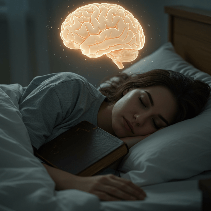 수면 중인 여성과 뇌 이미지를 함께 보여줌으로써 잠자는 동안 향상되는 뇌발달 및 기억력을 상징화한 이미지