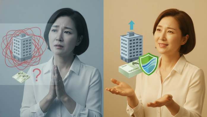 전세보증금으로 인한 현금 부족과 상속세 납부 부담을 시각적으로 나타낸 그림