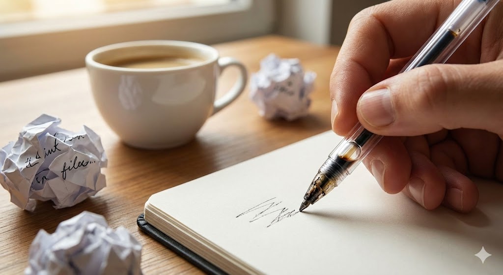 잉크가-다-떨어진-볼펜으로-종이-위에-글씨를-쓰려다-긁힌-자국만-남은-모습을-클로즈업한-사진.-볼펜-심-끝부분이-말라있고-주변에-구겨진-종이-뭉치가-보인다.