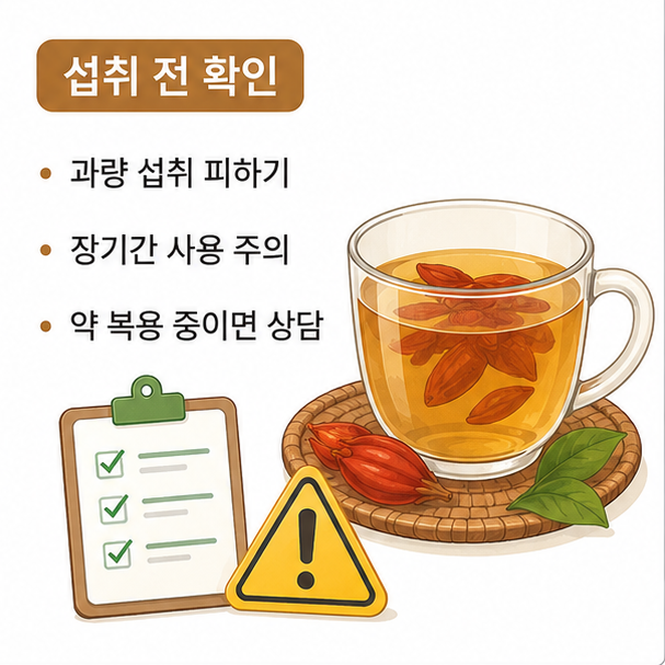 치자열매의 과량 섭취와 장기간 사용에 주의하고 약 복용 중에는 상담이 필요함을 안내한 이미지