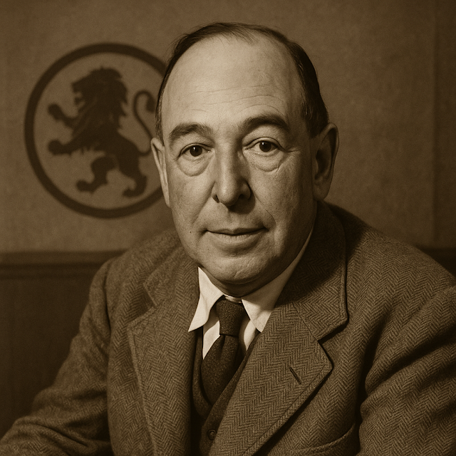 세피아 톤의 고전적인 초상 사진. 기독교 작가이자 옥스퍼드 교수였던 C.S. 루이스가 정장을 입고 정면을 바라보고 있다. 배경에는 원 안에 사자 문양이 보이며, &lsquo;나니아 연대기&rsquo;의 세계관을 연상시키는 지적인 분위기를 자아낸다.