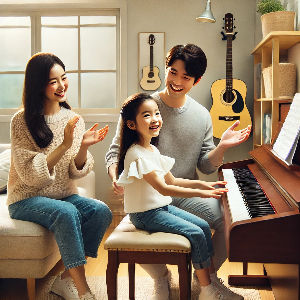 밝은 음악실에서 딸이 피아노를 연주하며 부모가 박수를 치며 자랑스러워하는 장면. 가족의 행복과 지원을 보여주는 가족