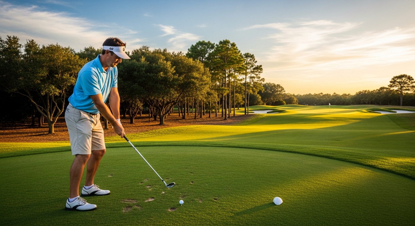 푸른 잔디의 필드에서 어프로치 샷을 하는 골퍼의 모습.