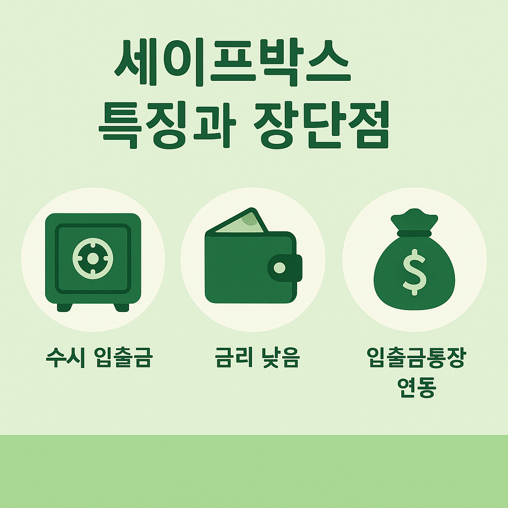 카카오뱅크 세이프박스의 수시 입출금 가능, 낮은 금리, 입출금통장 연동 등 주요 특징을 한눈에 보여주는 이미지