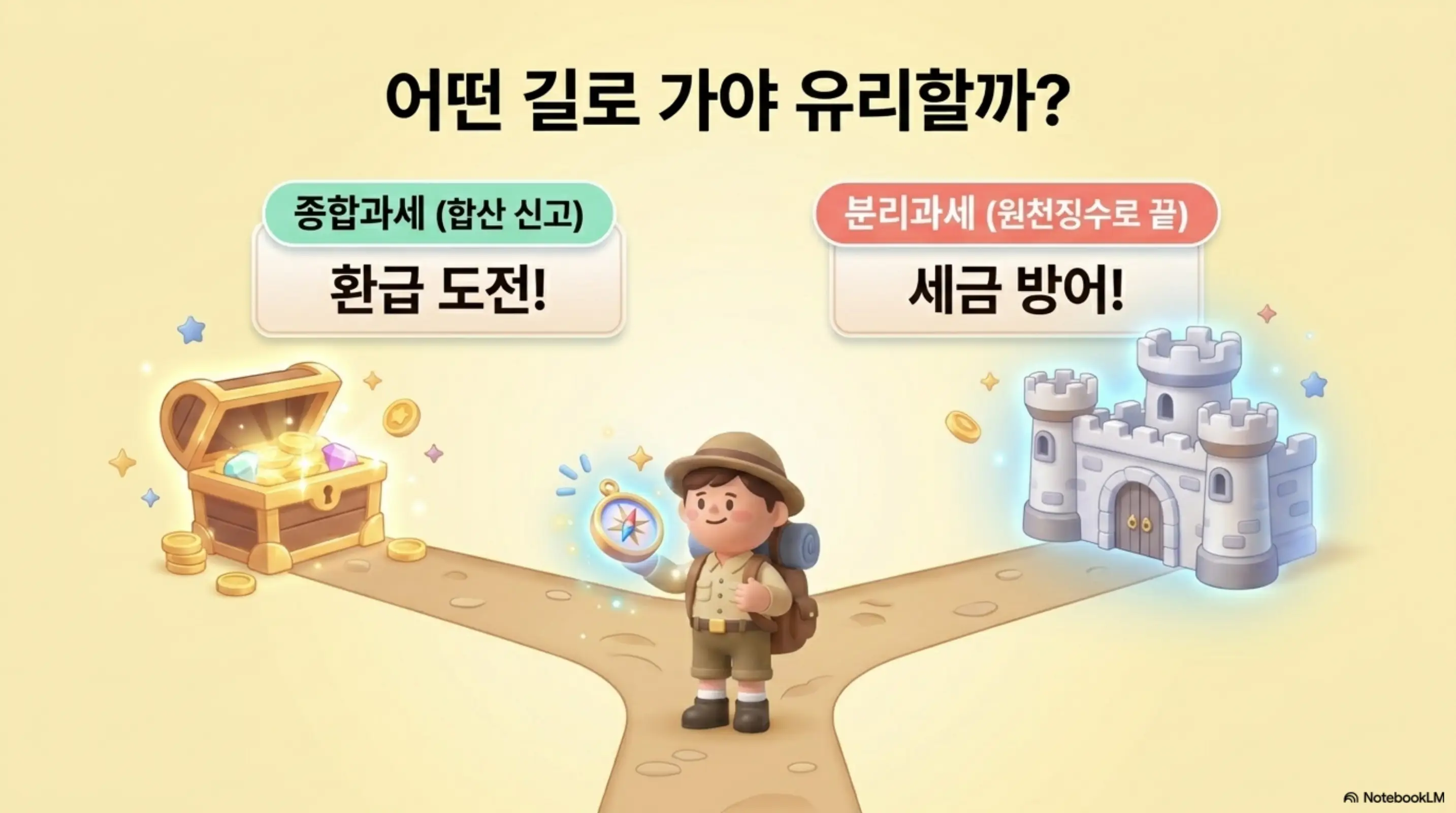 기타소득: 종합과세는 환급 도전 분리과세는 세금 방어라는 두 갈래 길을 탐험가 캐릭터가 선택하는 인포그래픽 이미지. 이 이미지는 기타소득 분리과세와 종합과세 중 유리한 쪽을 선택해야 한다는 핵심 정보를 시각적으로 전달하며&amp;#44; 블로그의 기타소득 분리과세 종합과세 비교와 관련된 내용을 설명함