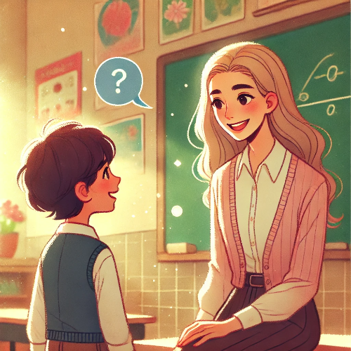 초등학생 연령의 학생과 교사가 교실에서 긍정적으로 상호작용하는 모습. 교사는 학생을 향해 몸을 기울이며 경청하고 있으며, 학생은 자신감 있는 미소를 짓고 있음. 따뜻한 분위기의 교실 배경에는 칠판과 교육 포스터가 걸려 있으며, 밝은 조명과 생동감 있는 색감이 학습 환경을 환영하는 느낌으로 표현하고 있음.