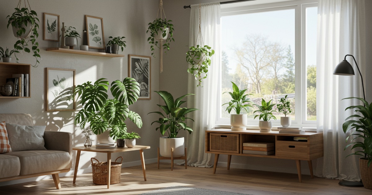 다양한 실내 식물로 꾸민 따뜻하고 감각적인 북유럽풍 거실 인테리어