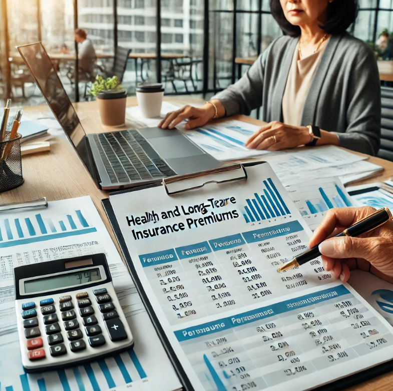 보험료 서류를 검토하는 한국 사무실 - 직원들이 노트북과 서류, 계산기를 활용해 건강보험료와 장기요양보험료에 대한 분석을 진행하는 모습을 보여주는 현대적인 한국 사무실 풍경입니다.