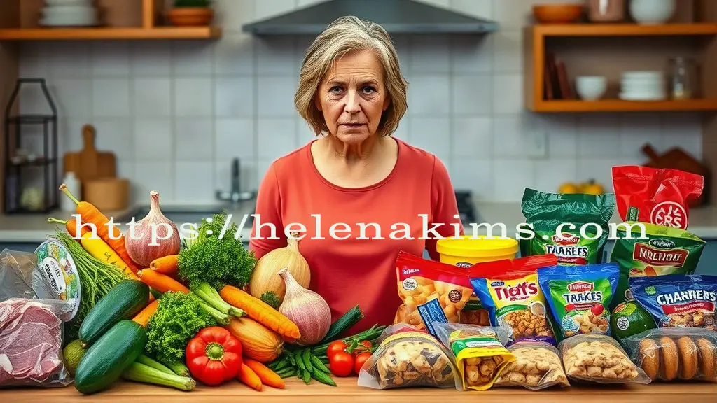 중년 여성이 자연적인 식재료와 가공된 식재료 사이에서 갈등하고 있는 모습.