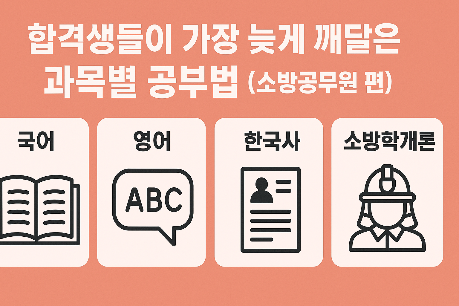 합격생들이-가장-늦게-깨달은-소방공무원-과목별-공부법을-소개하는-인포그래픽-이미지-국어-영어-한국사-소방학개론-아이콘과-함께-구성됨