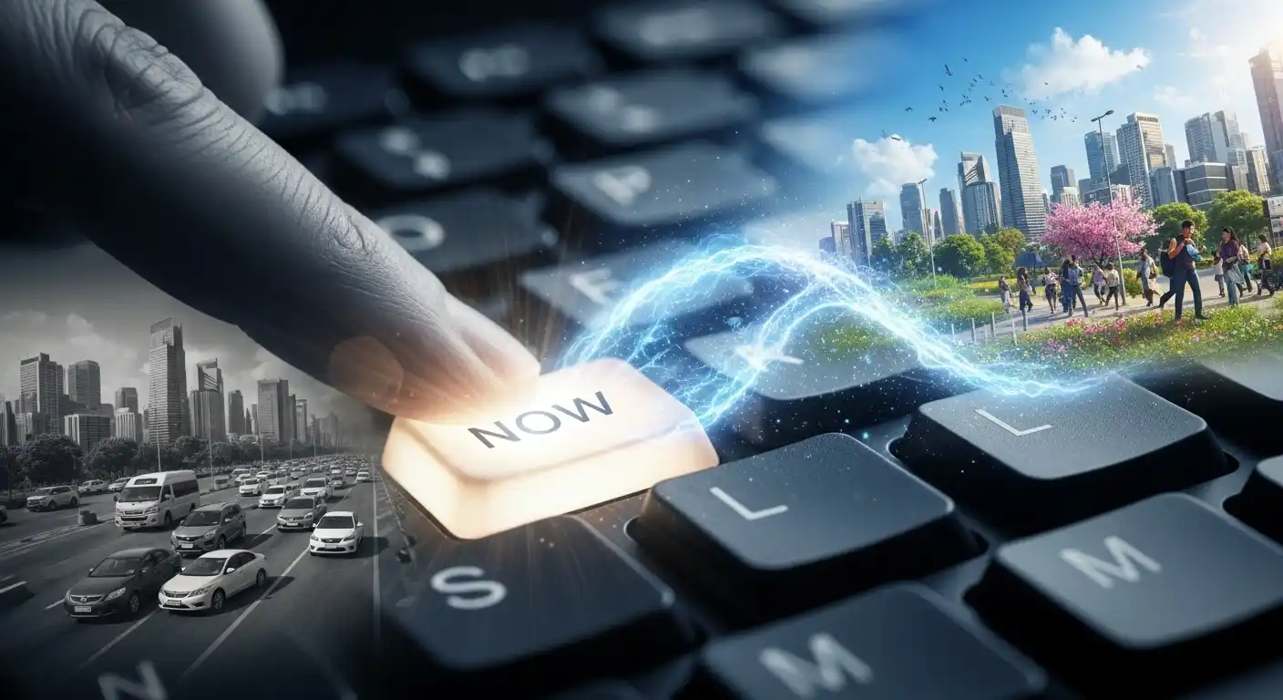 <img src="now-action-command-moment.webp" alt="'지금'이라는 순간이 키보드 명령어처럼 현실을 변화시키는 실행의 순간으로 표현된 이미지입니다">