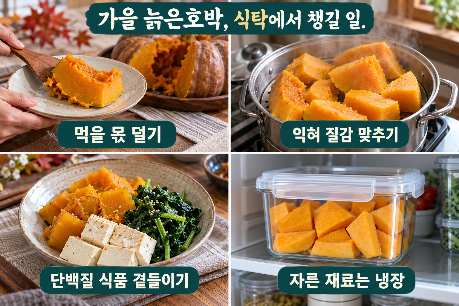내 몫 덜기&middot;익혀 질감 맞추기&middot;단백질 식품 곁들이기&middot;자른 과육 냉장의 네 실사 장면.