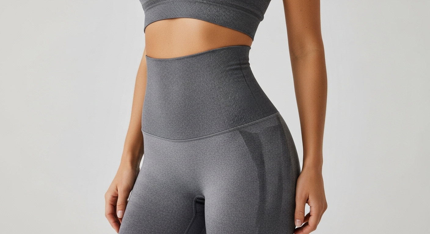 복부 고민형을 위한 넓고 높은 허리 밴딩의 레깅스를 입고 복부 라인이 매끄럽게 정리된 여성의 상반신 모습입니다.