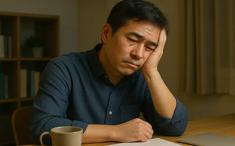 만성 피로를 겪는 40대 한국 남성의 지친 모습