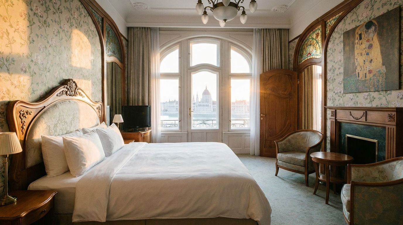 부다페스트 4성급 호텔 객실 내부 넓은 침대와 아르누보 스타일 인테리어