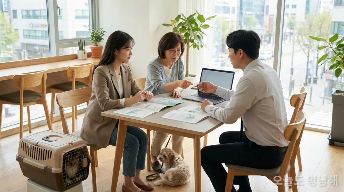 한국인 보호자들이 펫보험에 대해 상담하는 모습