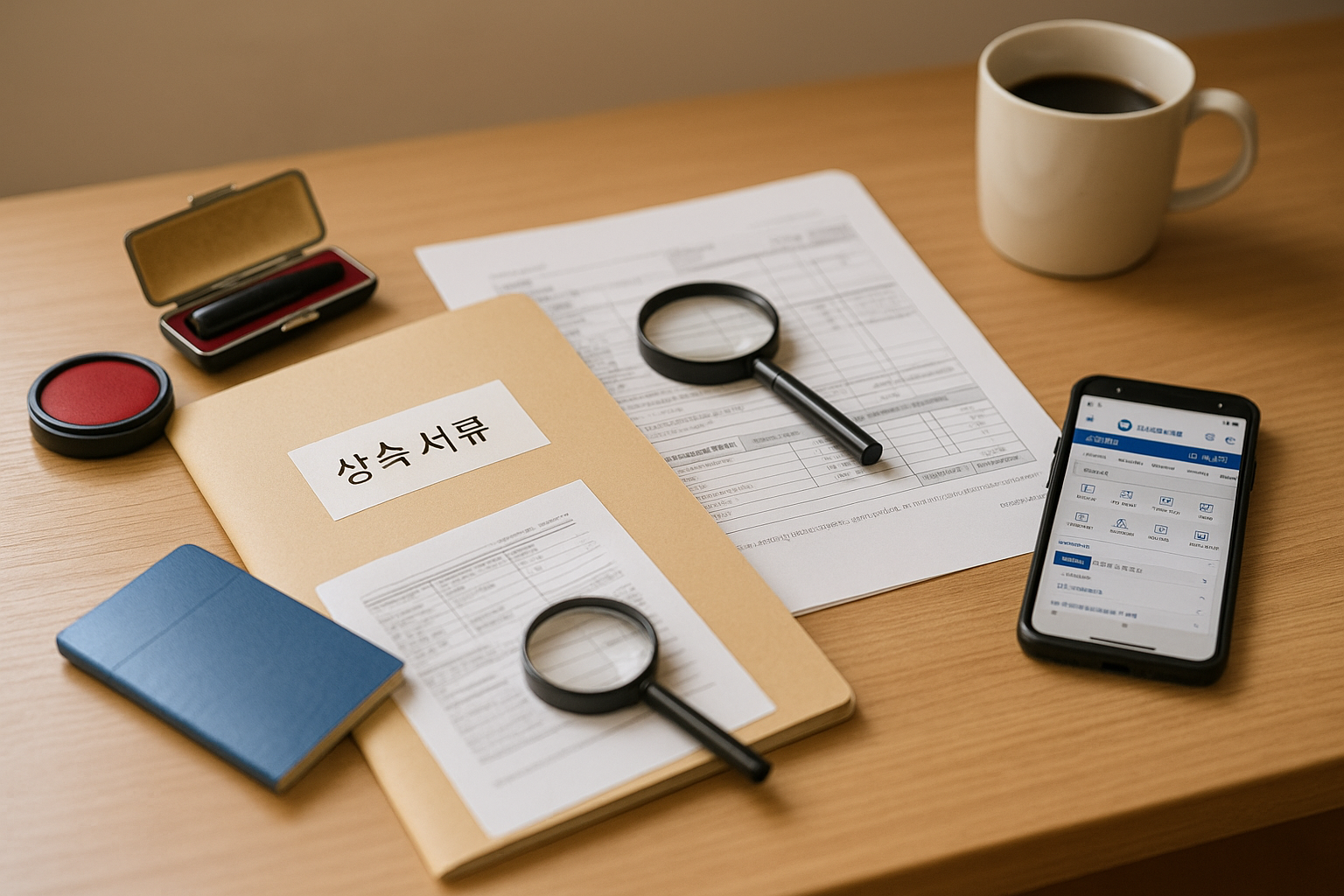 상속 서류·도장·스마트폰이 놓인 깔끔한 책상 — 유족 금융 일괄 조회와 안심상속을 준비하는 장면