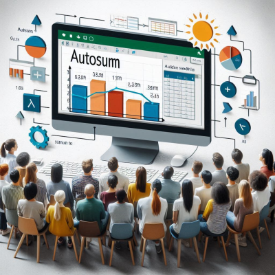 많은 사람들이 대형 화면에서 Excel의 Autosum 기능을 설명받고 있는 모습입니다.