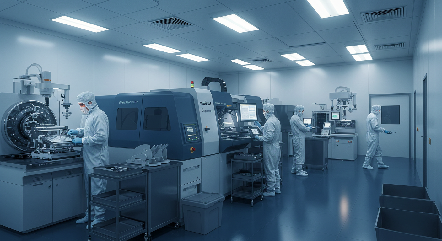 삼성전자 반도체 공장에서 고급 칩을 제작하는 고화질 일러스트