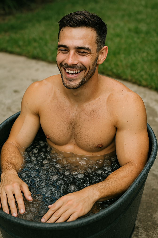 아이스 배스를 하고있는 건강한청년