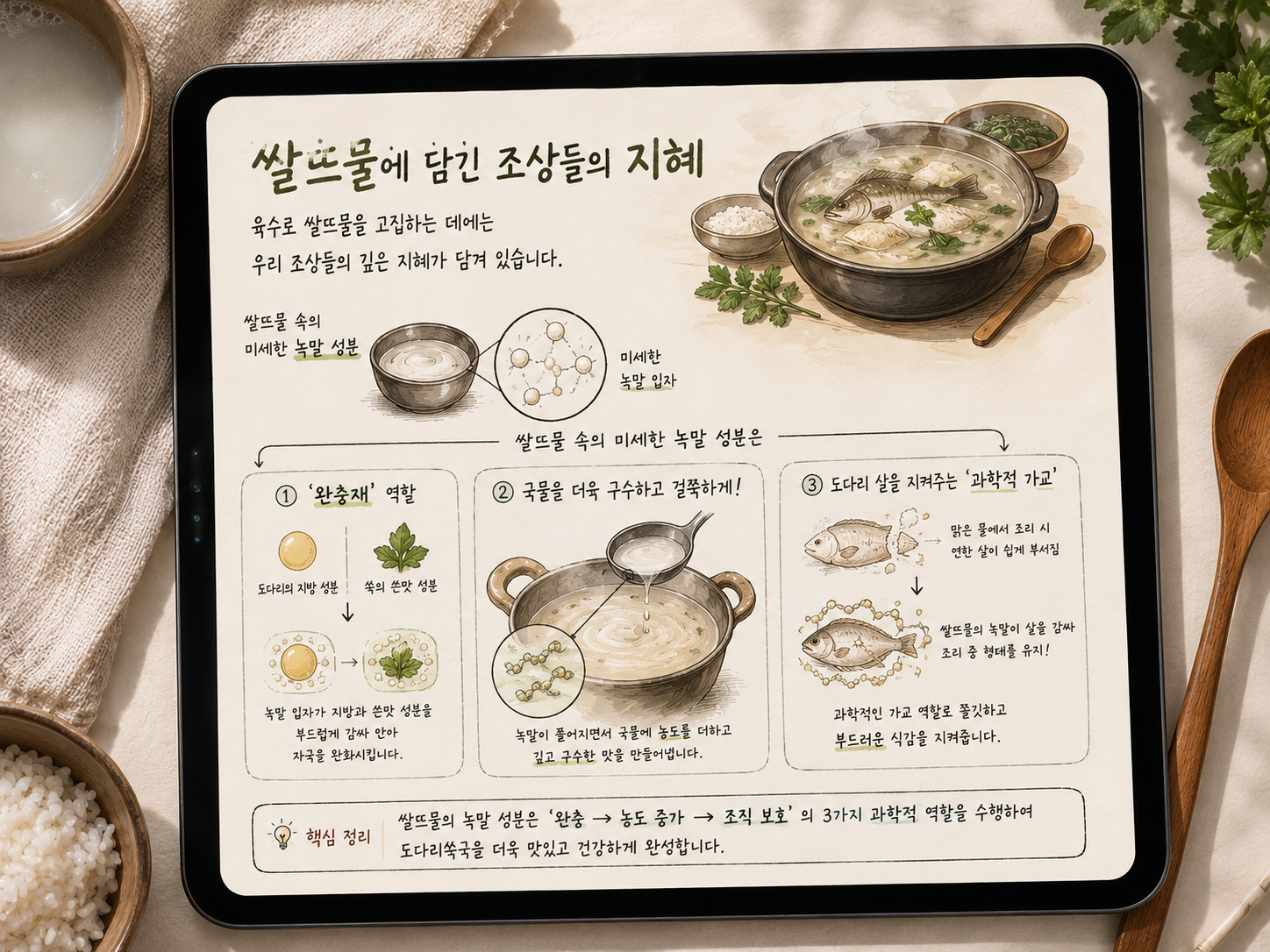 아이패드 프로크리에이트 앱 화면을 담은 일러스트. 도다리쑥국 조리 시 육수로 사용하는 '쌀뜨물'의 과학적 효능을 도식화하고 있다. 쌀뜨물 속 미세한 녹말 성분이 수행하는 세 가지 핵심 역할을 설명한다. 첫째, 도다리의 지방 성분과 쑥의 쓴맛 성분을 녹말 입자가 부드럽게 감싸 안아 자극을 완화하는 '완충재' 역할, 둘째, 녹말이 풀어지며 국물에 농도를 더해 깊고 구수한 맛을 내는 역할, 셋째, 쌀뜨물의 녹말이 연한 도다리 살을 감싸 조리 중 형태가 부서지지 않게 지켜주는 '과학적 가교' 역할이다. 하단에는 '쌀뜨물의 녹말 성분은 완충, 농도 증가, 조직 보호의 역할을 하여 요리를 완성한다'는 핵심 정리가 포함되어 있다. 식재료의 조리 과학적 원리를 이해하기 쉽게 정리한 교육용 이미지이다.
