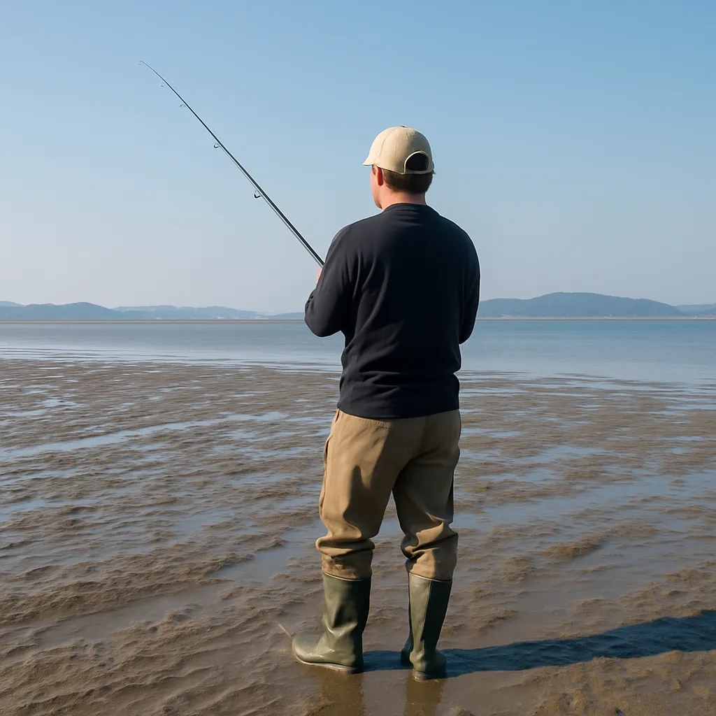 갯벌 위에서 낚시하는 남성의 뒷모습