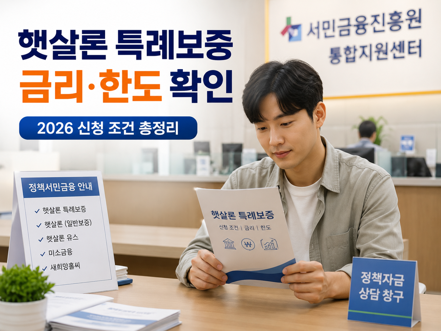 서민금융 상담센터 앞에서 대출 조건표를 확인하는 남성 근로자