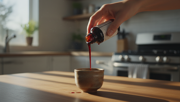 현대적인 주방에서 세라믹 컵에 홍삼액을 따르는 모습