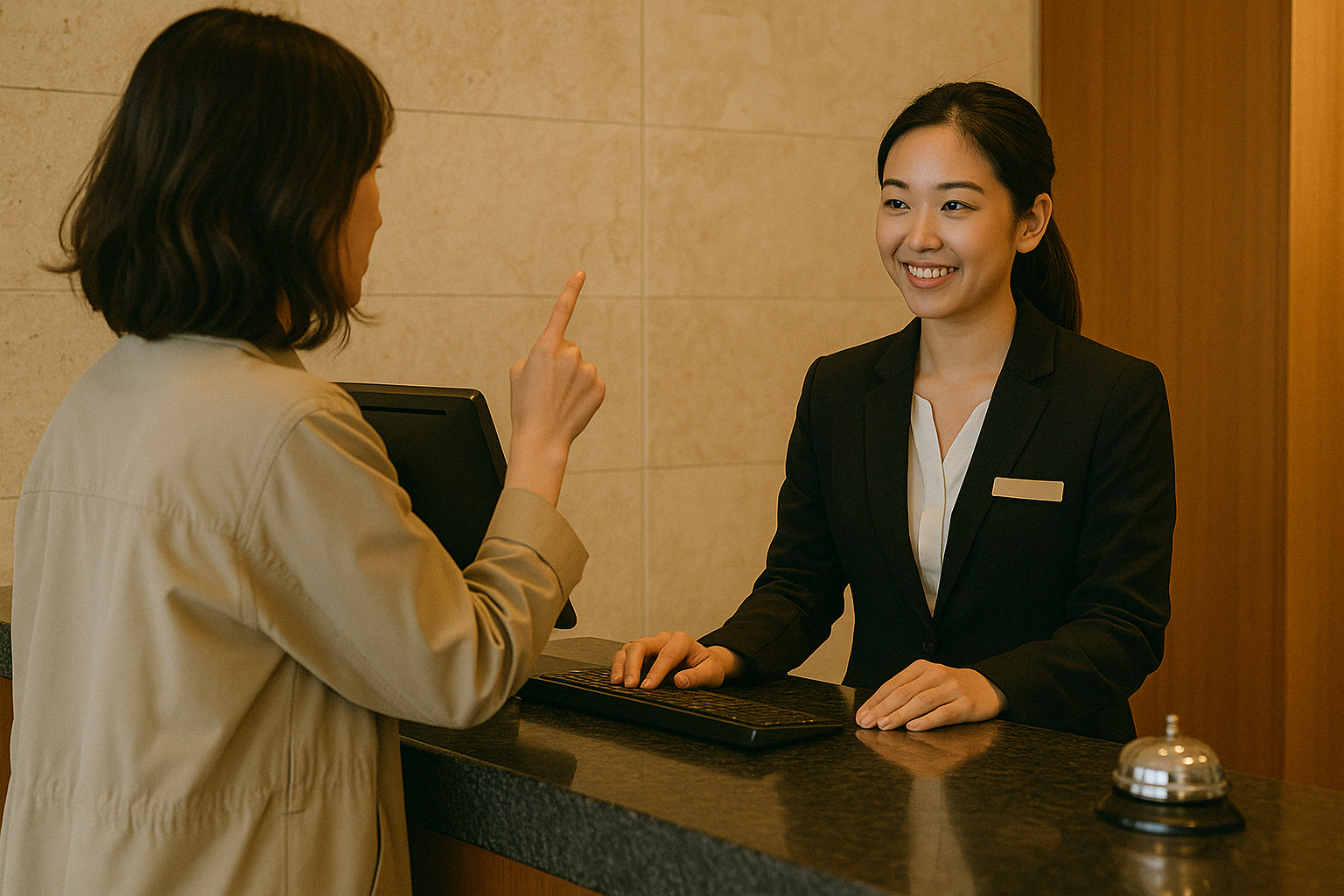 프런트 데스크에서 객실 관련 요청을 하고 있는 장면으로&amp;#44; &lsquo;Can I get a room with a view?&rsquo; 표현과 연결됩니다.