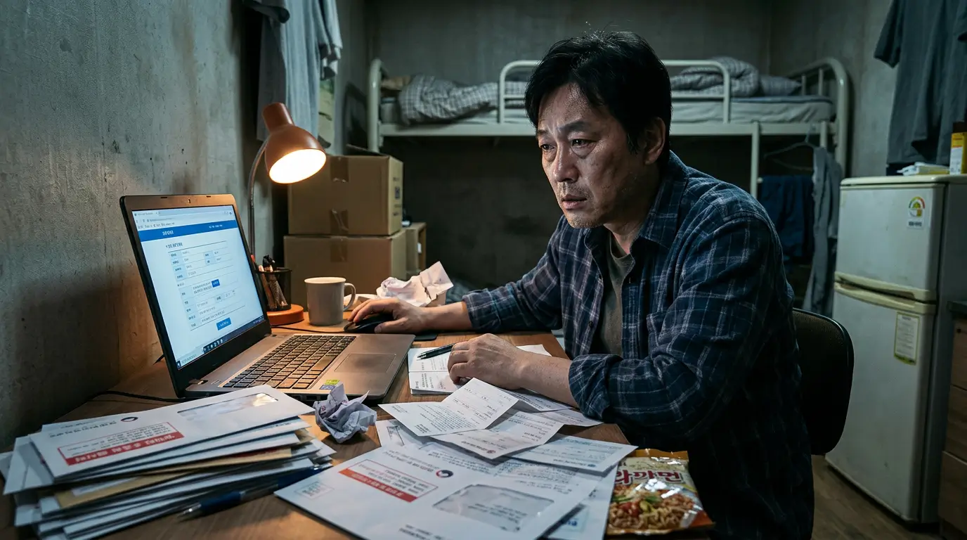어두운 방 안에서 쏟아지는 붉은색 독촉장들을 거대하고 견고한 푸른색 방패가 완벽하게 막아내며 그 위로 안전한 생존 루트를 뜻하는 푸른 빛의 계단이 펼쳐지는 희망적이고 웅장한 테마의 고해상도 3D 디지털 일러스트레이션