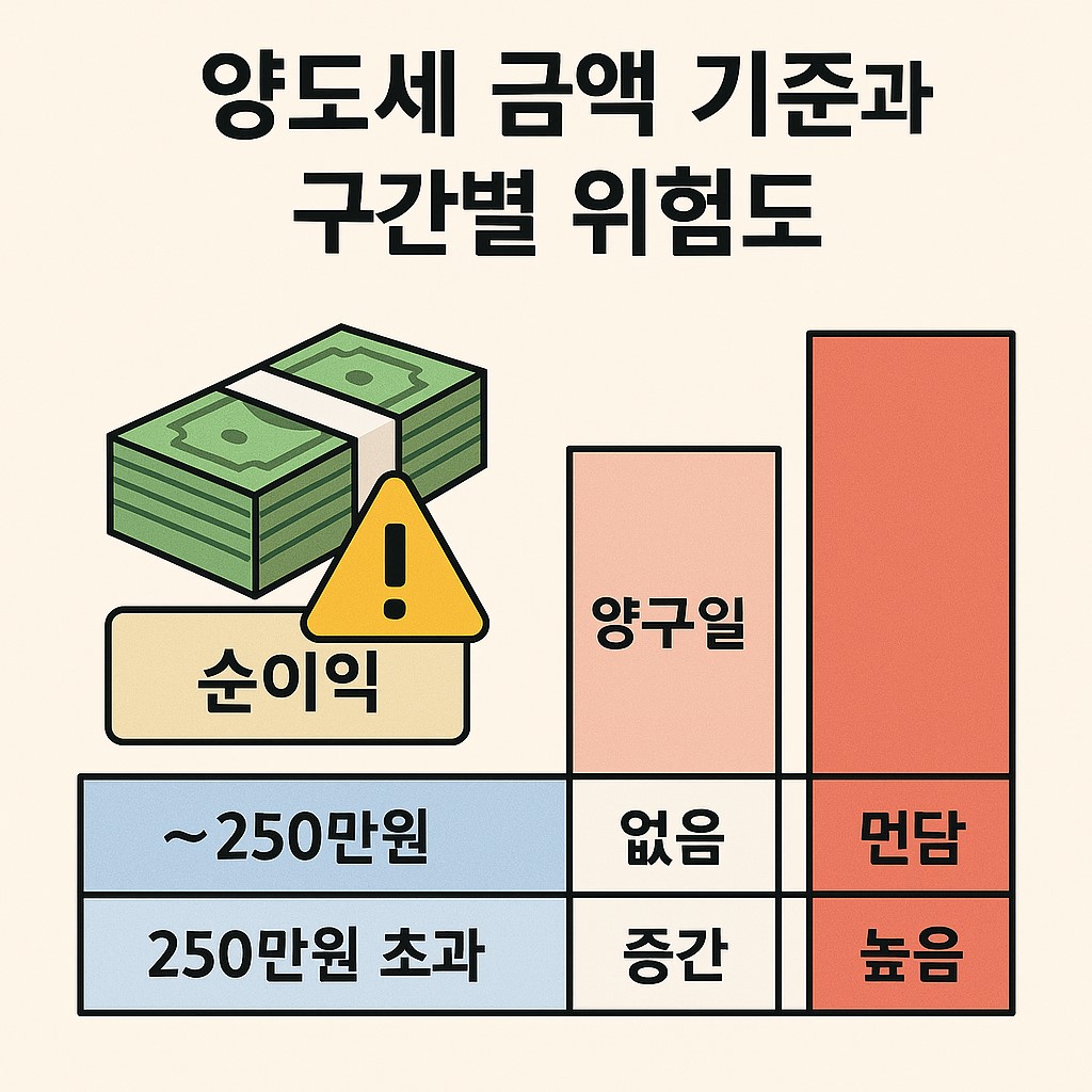 양도세 금액 기준과 구간별 위험도 요약 인포그래픽