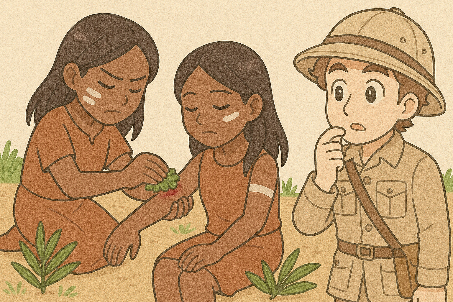 호주 원주민 두 명이 티트리 잎을 으깨 상처 부위에 바르고 있고, 이를 영국인 탐험가가 호기심 있게 지켜보는 장면, 전통적인 티트리 활용 모습