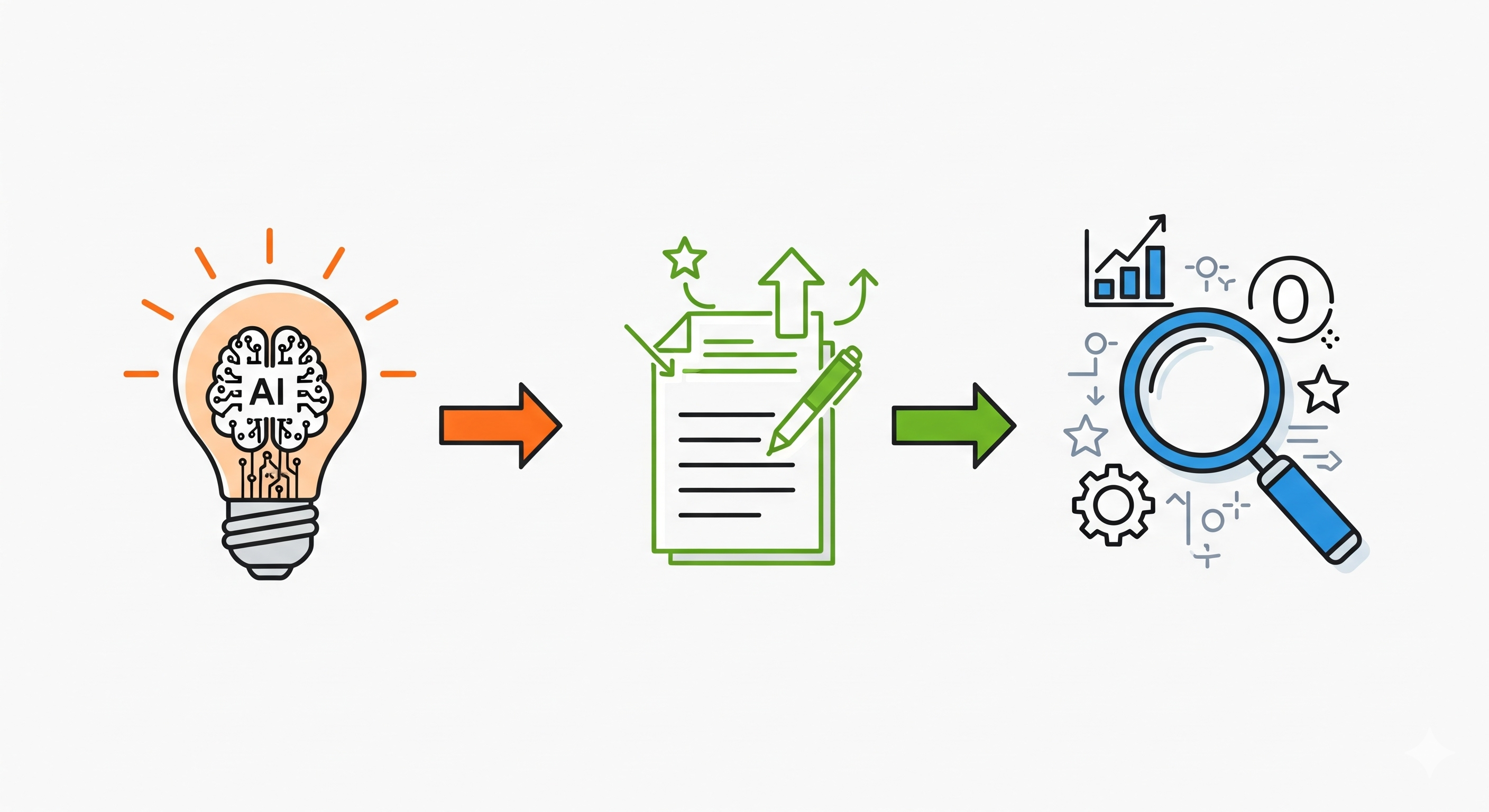 AI 글쓰기 생산성 향상을 위한 3단계 워크플로 인포그래픽: 1단계 아이디어 발굴(전구와 AI 뇌 아이콘), 2단계 콘텐츠 심화(문서 편집 아이콘), 3단계 SEO 최적화(돋보기와 검색 아이콘)