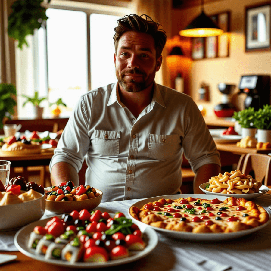과식한-남성과-앞에-놓인-음식들