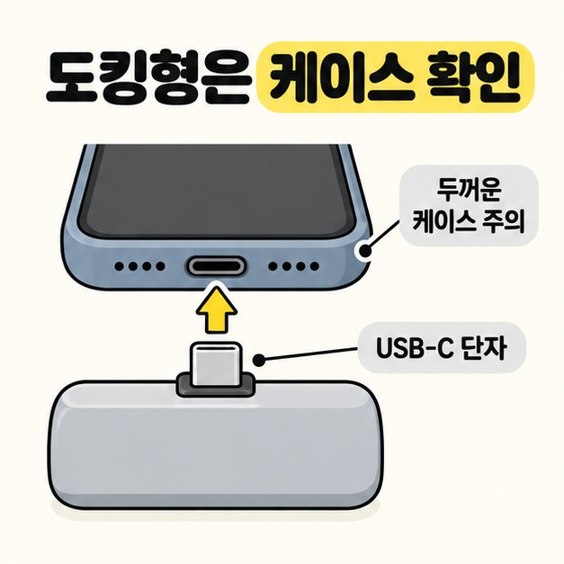 케이스를 씌운 스마트폰 하단과 도킹형 보조배터리의 USB-C 단자를 노란 화살표로 연결하고 두꺼운 케이스 주의를 표시한 이미지