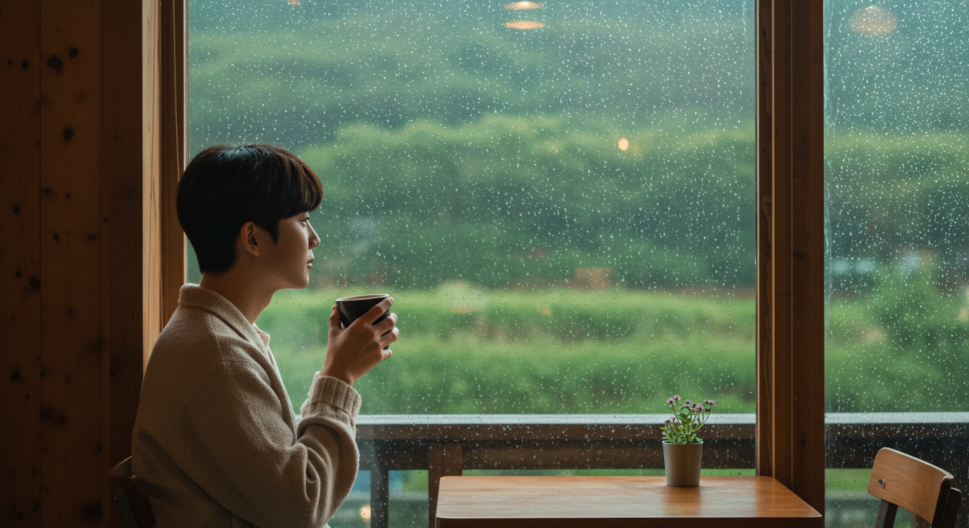 비 오는 날 강원도 감성 카페 창가에서 커피 마시는 모습.