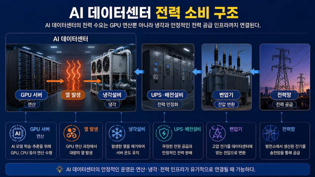 AI 데이터센터에서 GPU 서버와 냉각설비, UPS, 배전설비, 변압기와 전력망이 연결되는 구조