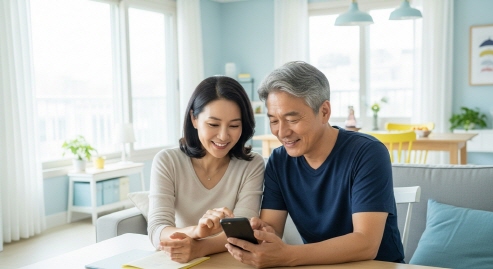 가정집에서 주문 내역을 확인하는 중년 부부
