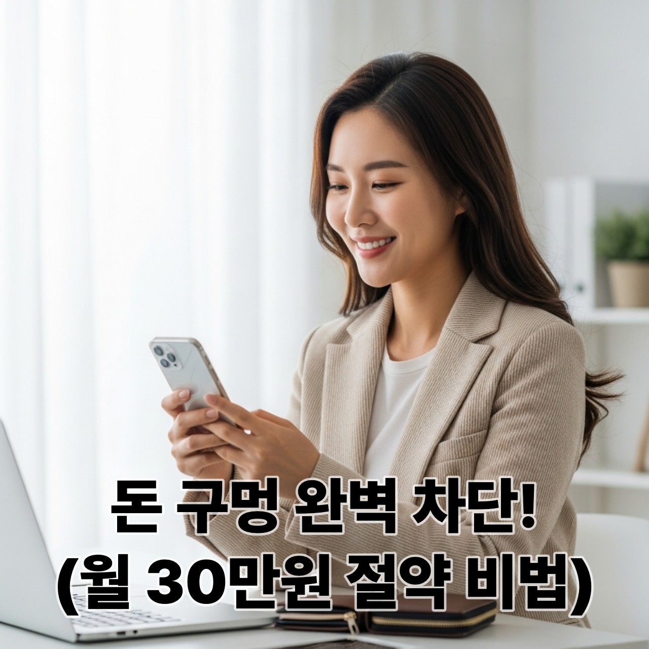 스마트폰으로 생활비를 관리하며 미소 짓는 20대 후반 한국 여성, 효율적인 지출 관리를 상징.